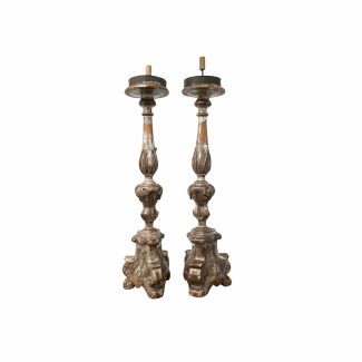18th Century Italian Pair of Baroque Silverleaf Carved Wood Antique Candlesticks