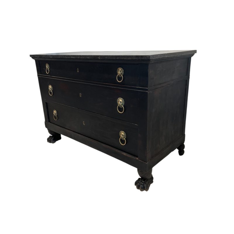19th Century French Empire Black Antique Chest with Marble Top with Paw Feet - Image 3
