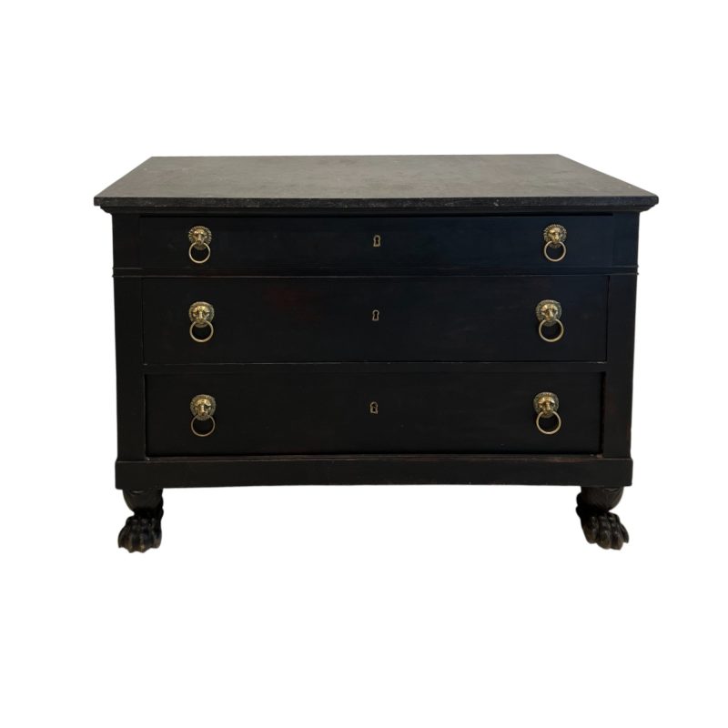 19th Century French Empire Black Antique Chest with Marble Top with Paw Feet - Image 2