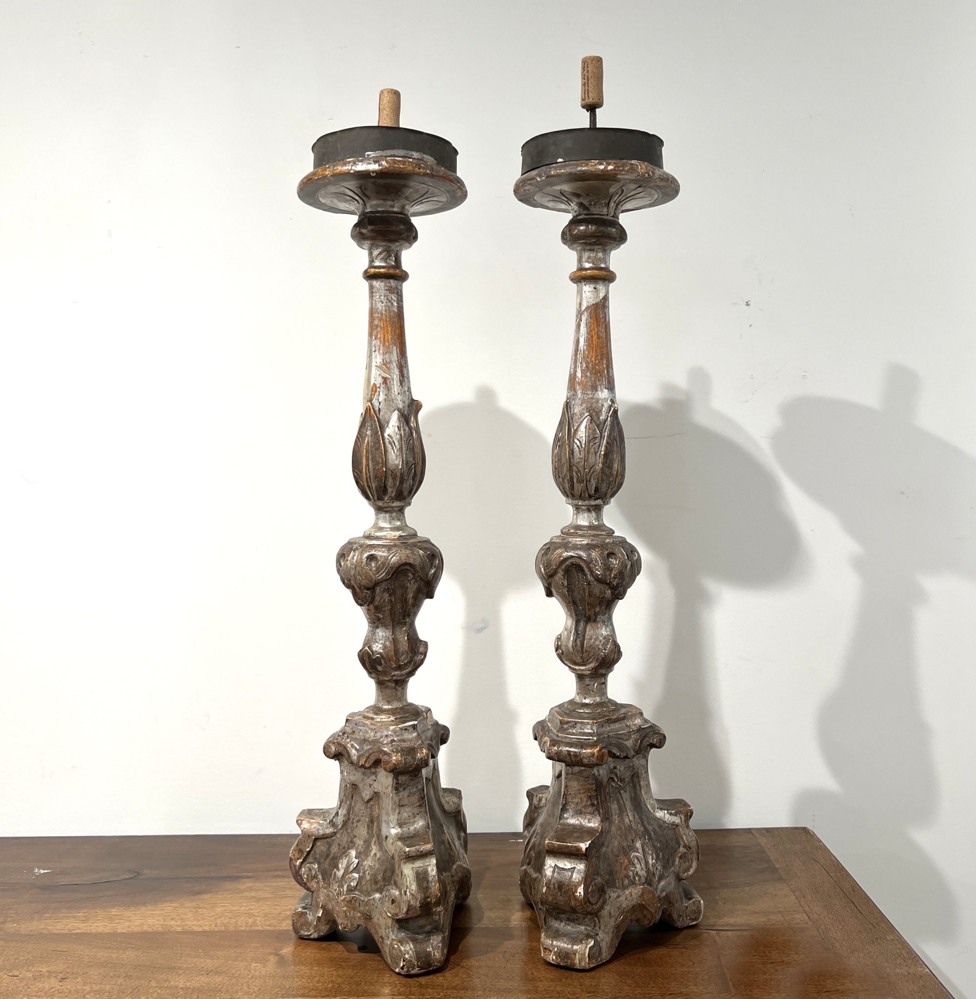 18th Century Italian Pair of Baroque Silverleaf Carved Wood Antique Candlesticks - Image 2