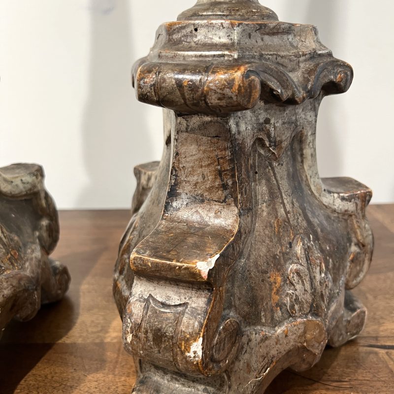 18th Century Italian Pair of Baroque Silverleaf Carved Wood Antique Candlesticks - Image 3