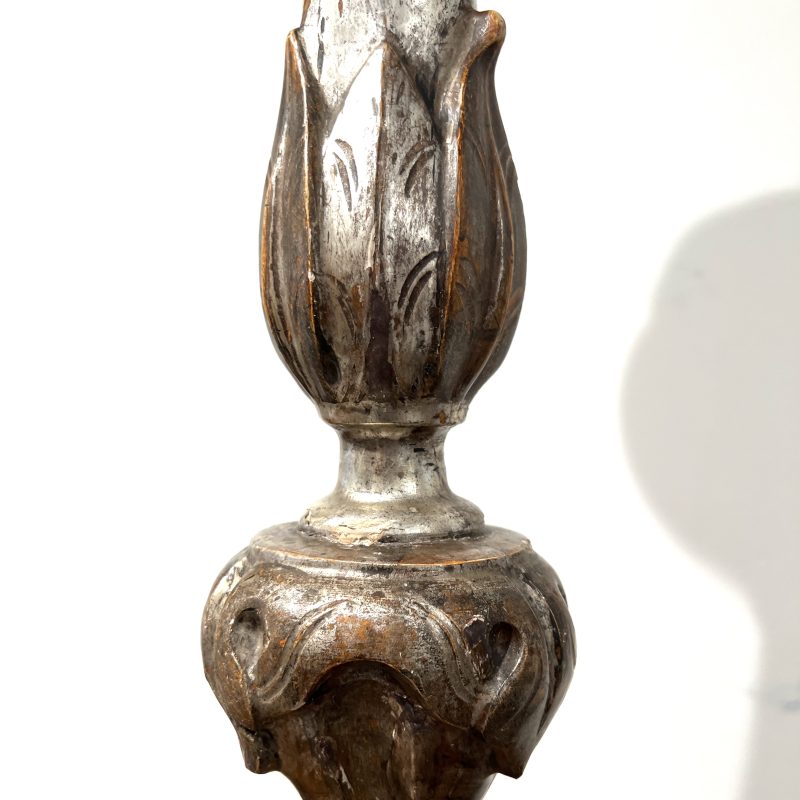 18th Century Italian Pair of Baroque Silverleaf Carved Wood Antique Candlesticks - Image 4
