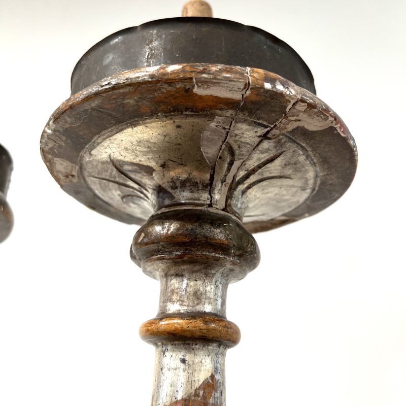 18th Century Italian Pair of Baroque Silverleaf Carved Wood Antique Candlesticks - Image 5