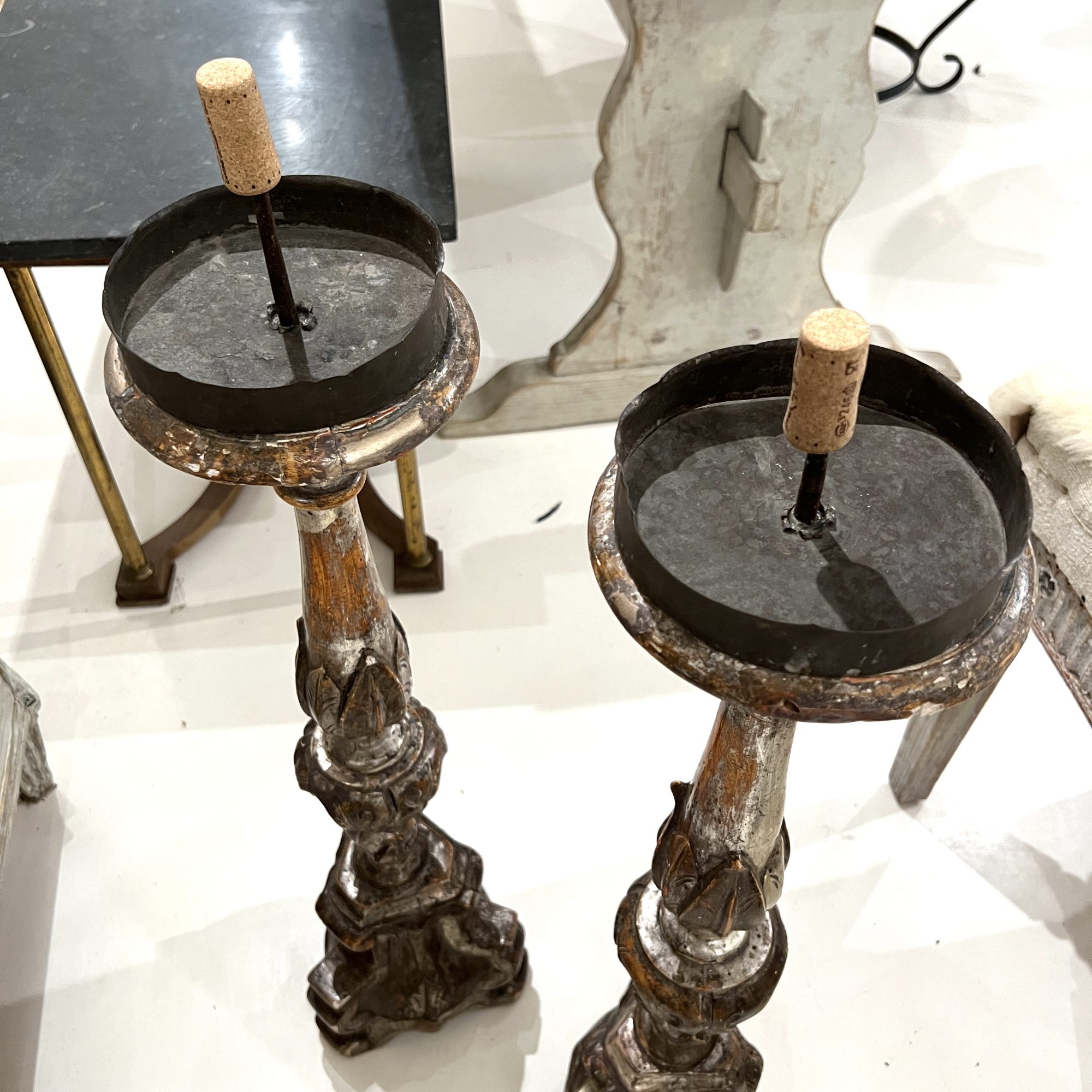 18th Century Italian Pair of Baroque Silverleaf Carved Wood Antique Candlesticks - Image 6