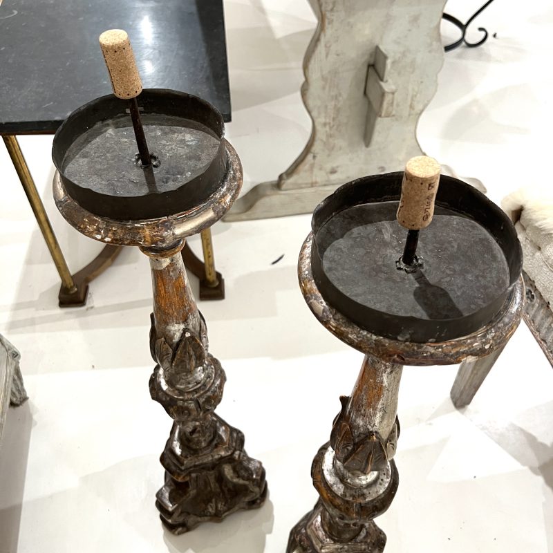18th Century Italian Pair of Baroque Silverleaf Carved Wood Antique Candlesticks - Image 6
