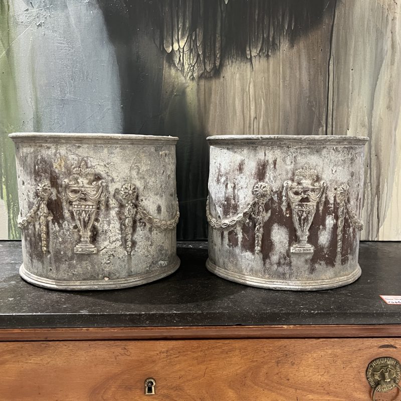 18/19th Century English Pr of Lead Antique Planters w/Amphorae & Garland Relief - Image 2