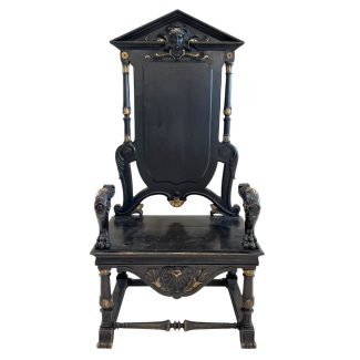 19th Century French Antique Black Throne from Paris (Ornately Carved with Gilded Detail)