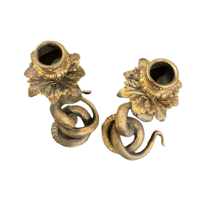 19th Century French Pair of Antique Bronze Snake Candlesticks - Image 3