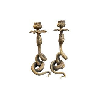 19th Century French Pair of Antique Bronze Snake Candlesticks
