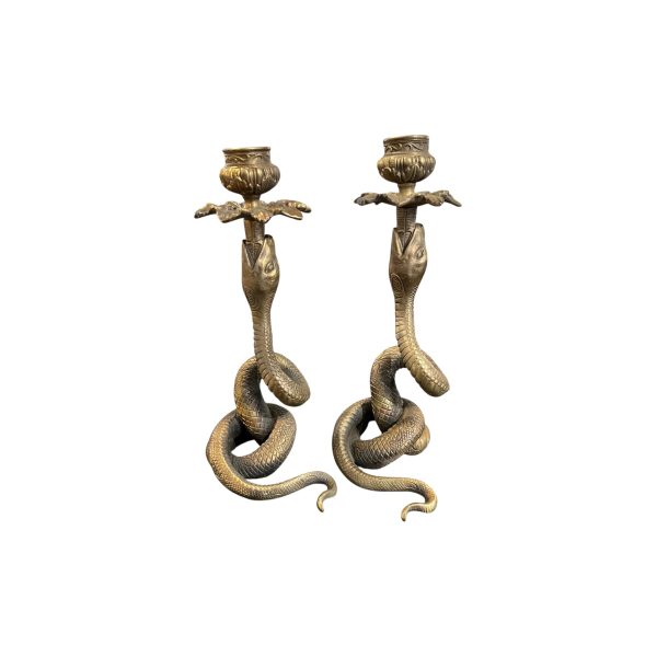 19th Century French Pair of Antique Bronze Snake Candlesticks