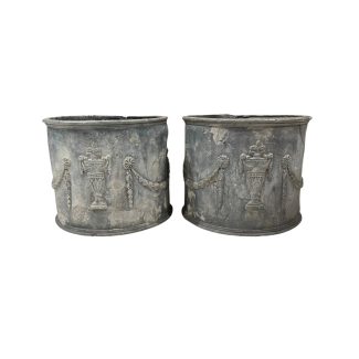 18/19th Century English Pr of Lead Antique Planters w/Amphorae & Garland Relief