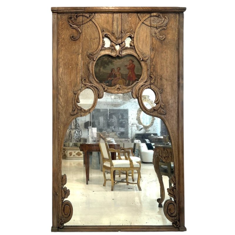 19c French Louis XV Style Oak Trumeau Mirror