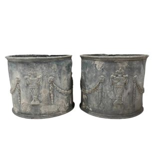 18/19th Century English Pr of Lead Antique Planters w/Amphorae & Garland Relief