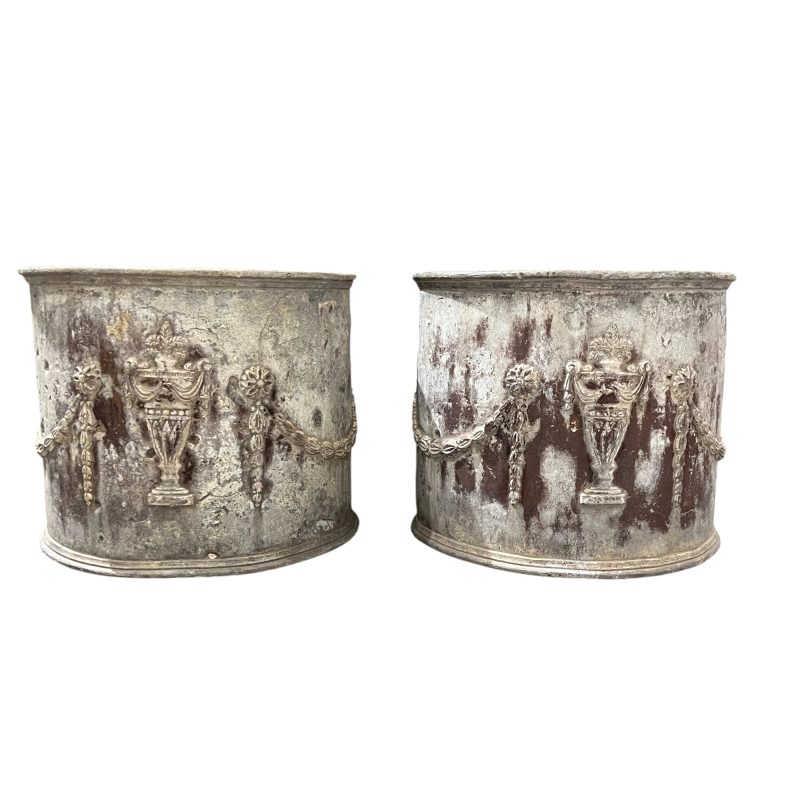 18/19th Century English Pr of Lead Antique Planters w/Amphorae & Garland Relief