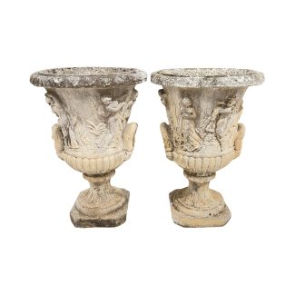 Antique French Pair of Concrete Jardinieres w/Neoclassical Reliefs