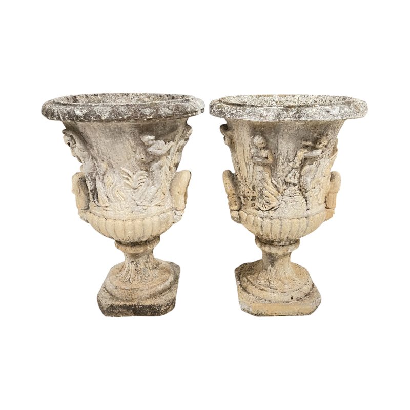 Antique French Pair of Concrete Jardinieres w/Neoclassical Reliefs