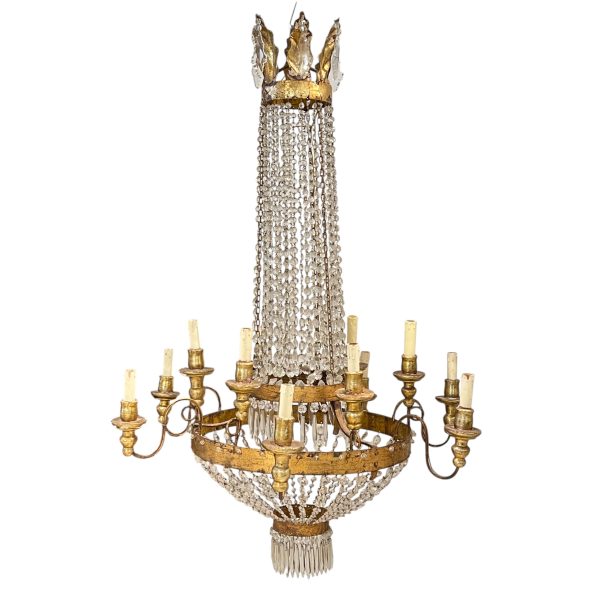 19th Century Italian Large Empire Crystal & Gilded Iron Antique Chandelier
