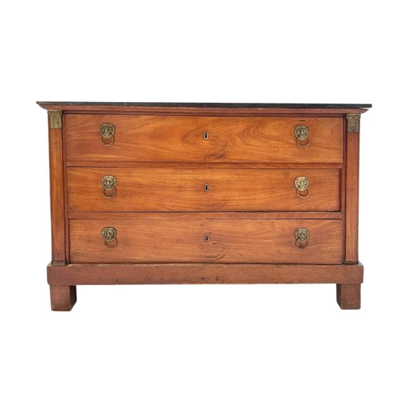 19th Century French Empire Antique Chest with Marble Top & Lion Pulls