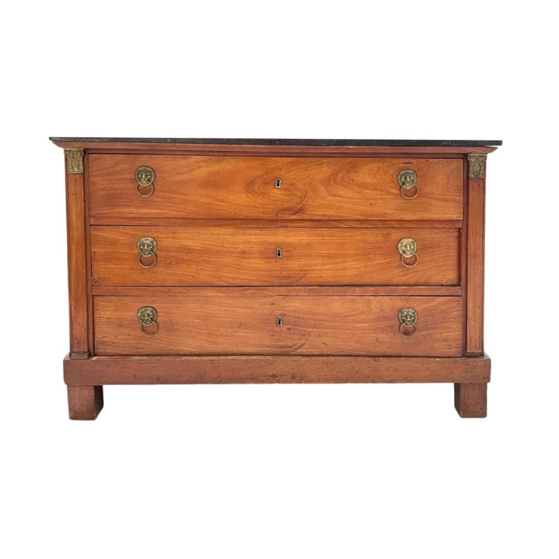 19th Century French Empire Antique Chest with Marble Top & Lion Pulls