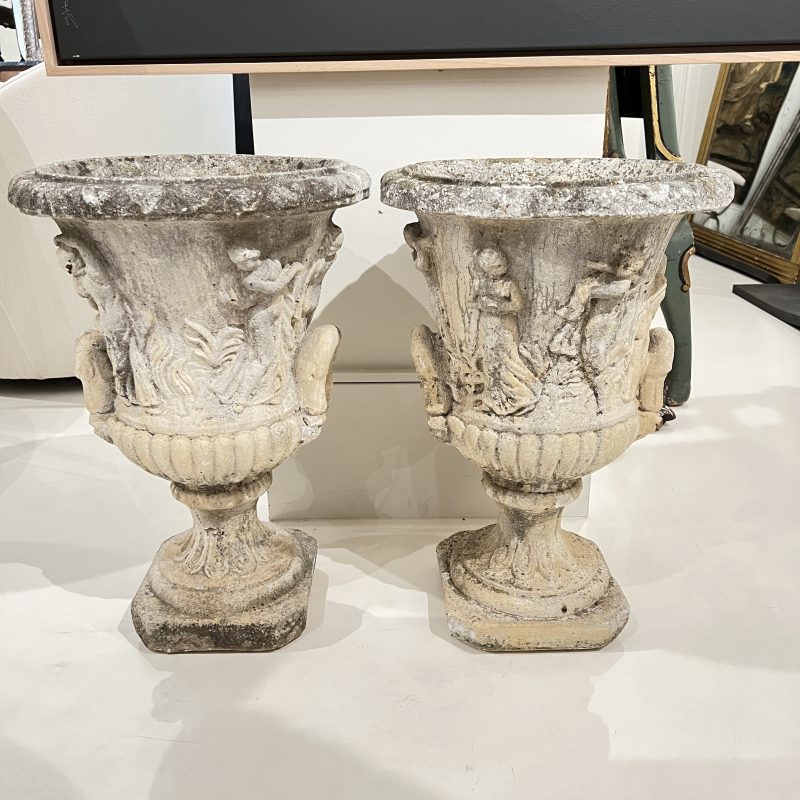 Antique French Pair of Concrete Jardinieres w/Neoclassical Reliefs - Image 2