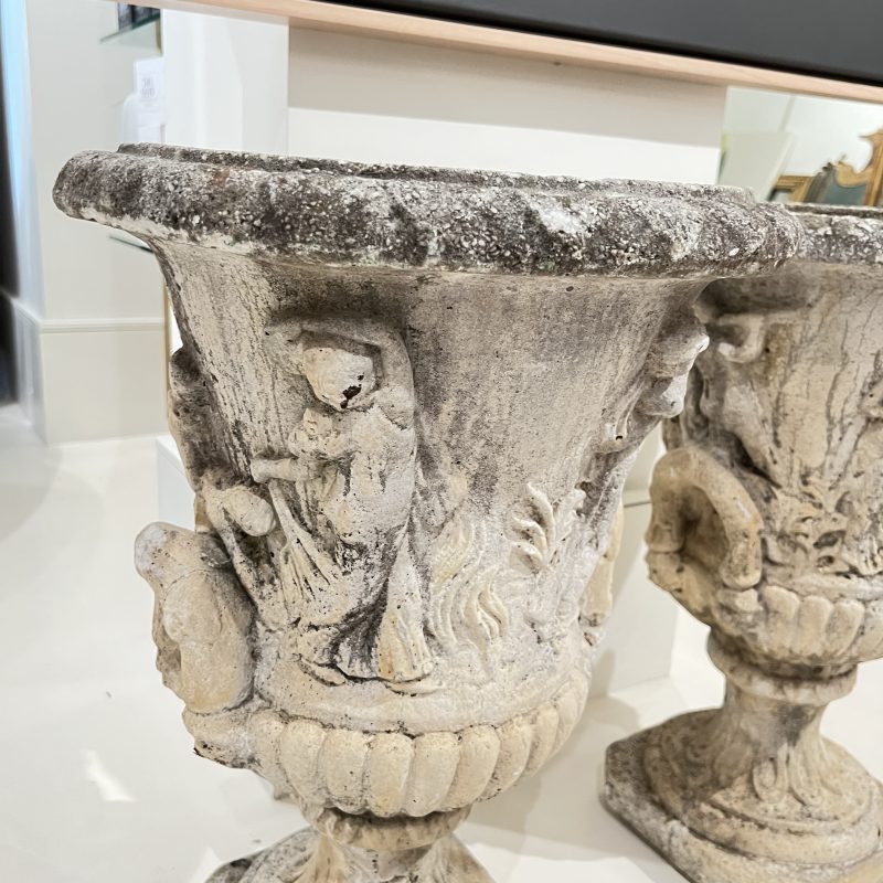Antique French Pair of Concrete Jardinieres w/Neoclassical Reliefs - Image 3