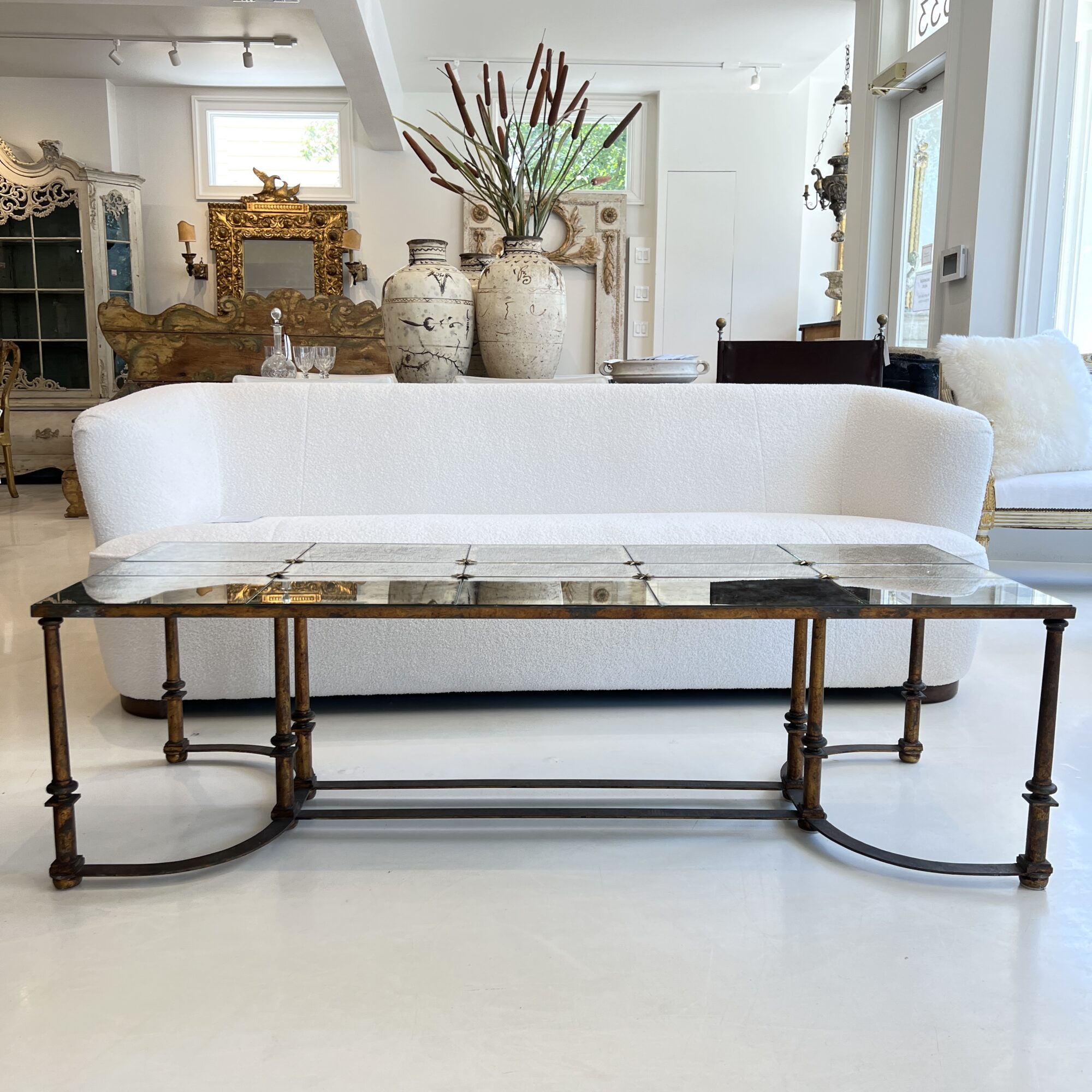 Mid-Century French Large Scale Iron & Floxed Mirror Antique Coffee Table - Image 2