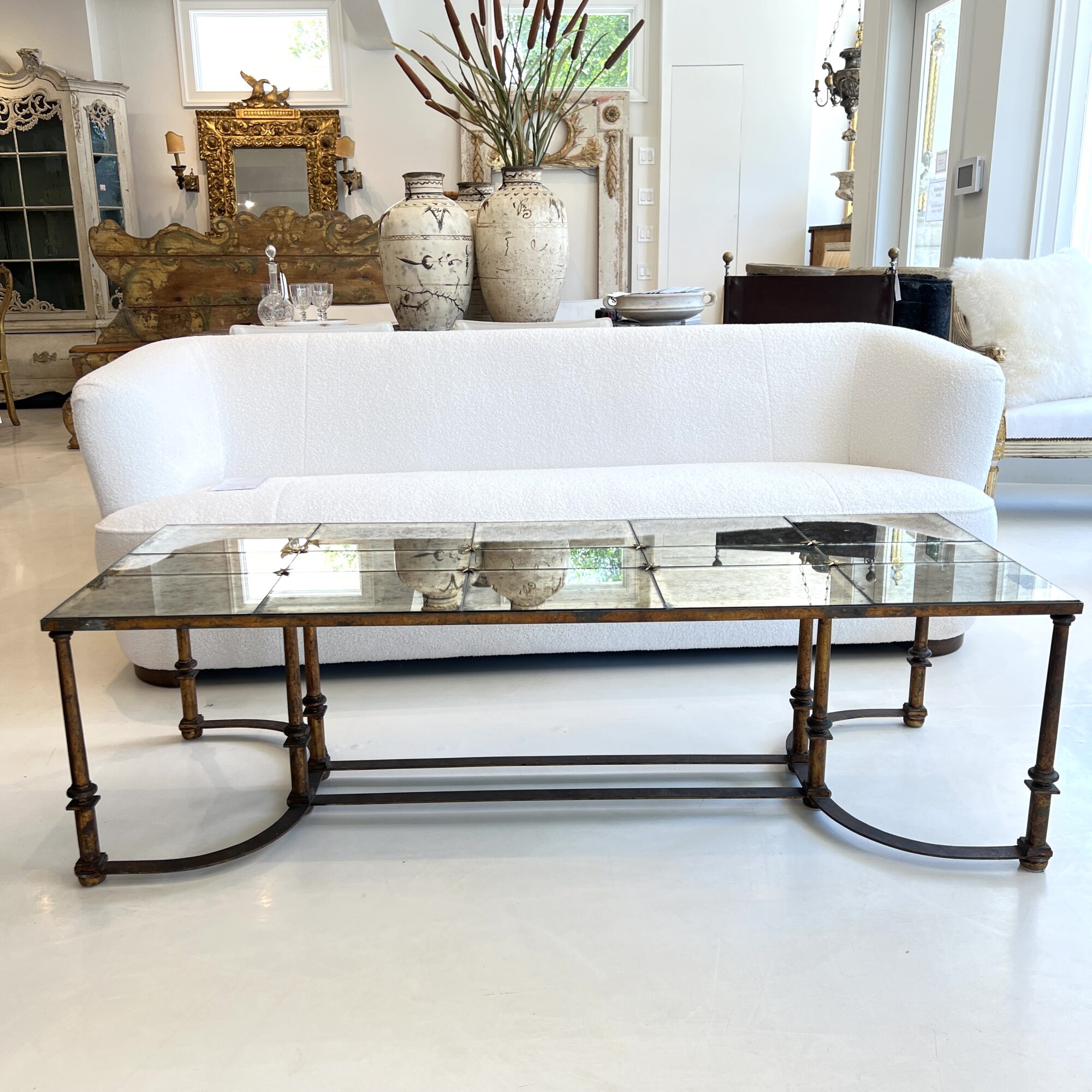 Mid-Century French Large Scale Iron & Floxed Mirror Antique Coffee Table - Image 3