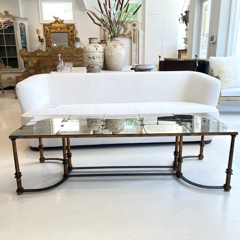 Mid-Century French Large Scale Iron & Floxed Mirror Antique Coffee Table - Image 3