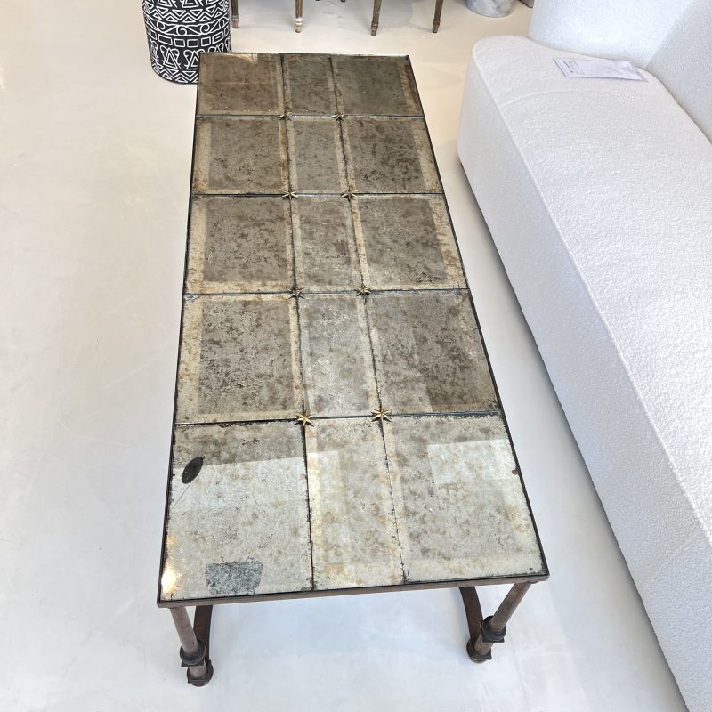 Mid-Century French Large Scale Iron & Floxed Mirror Antique Coffee Table - Image 4
