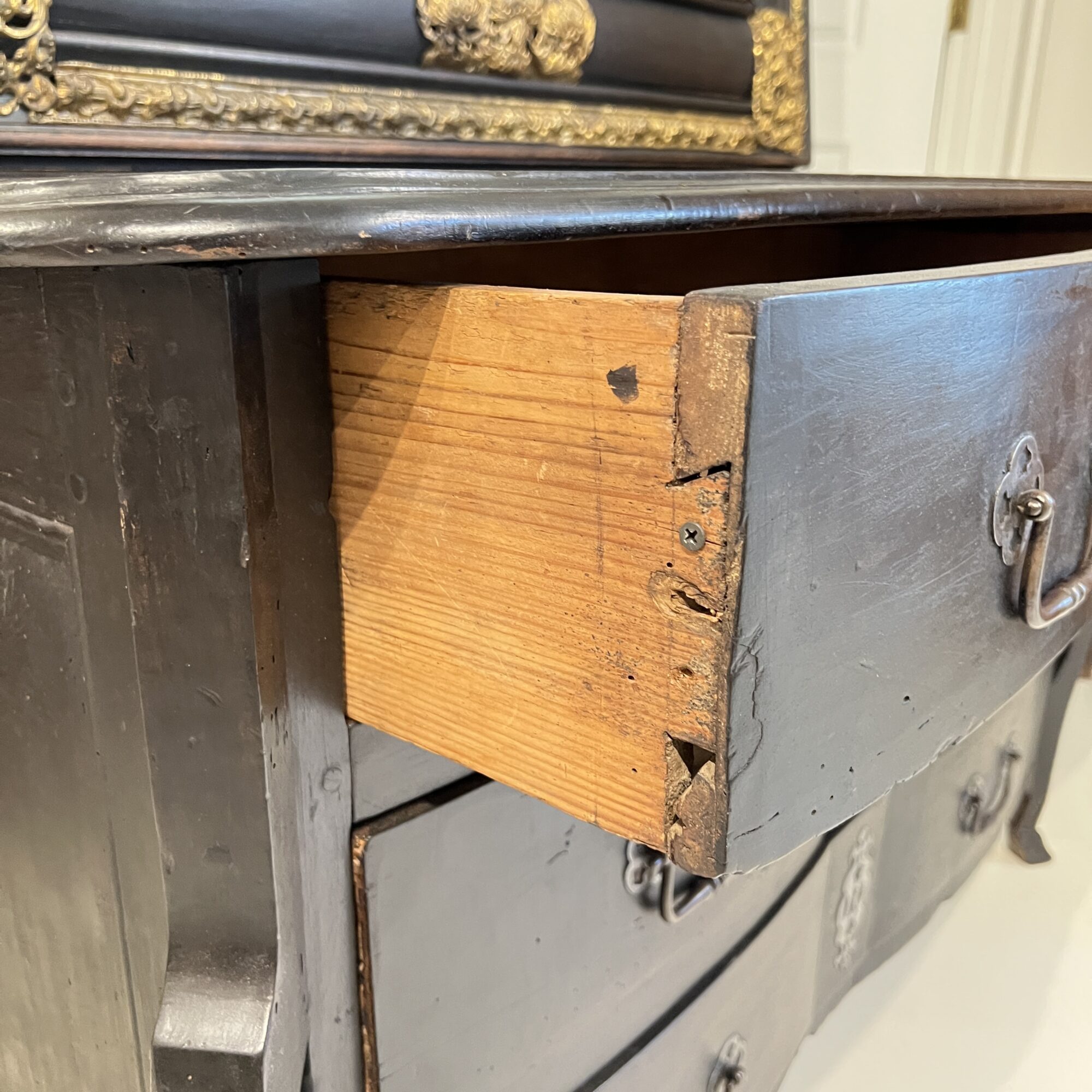 18th Century French Black Antique Chest w/Hoof Feet and Silver Hardware - Image 7