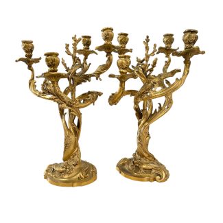 Antique French Rococo Gilded Bronze Pair of Candelabras