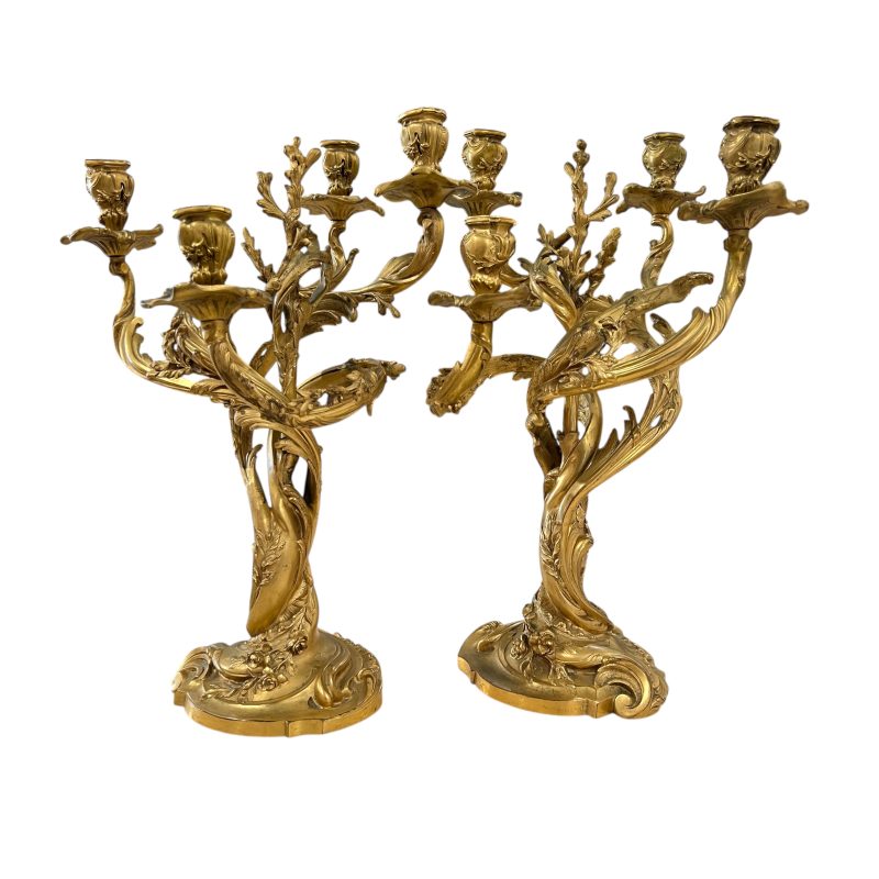 Antique French Rococo Gilded Bronze Pair of Candelabras