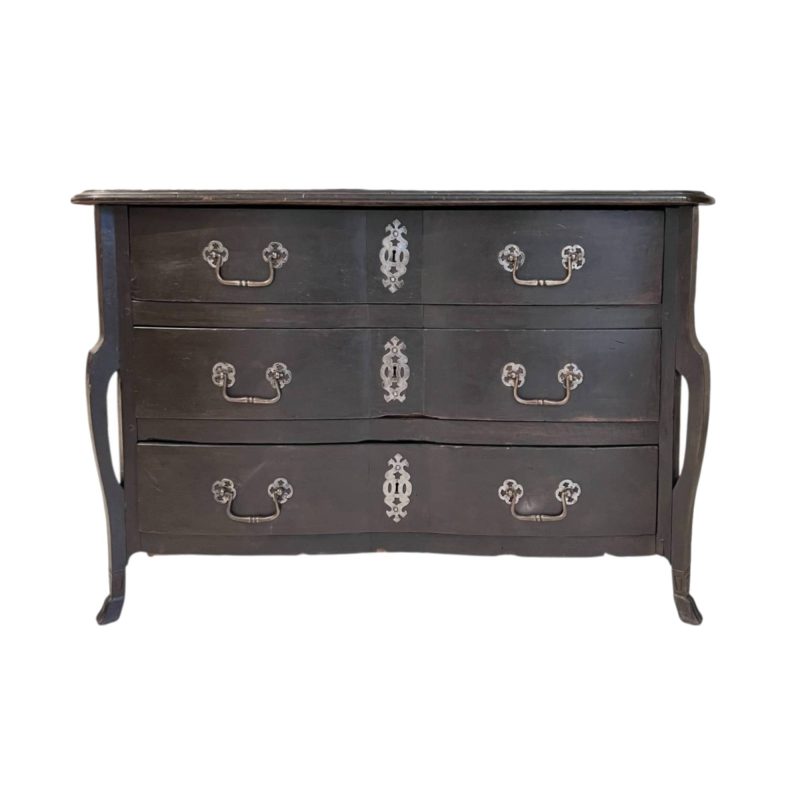 18th Century French Black Antique Chest w/Hoof Feet and Silver Hardware