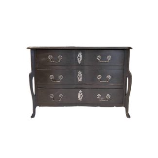 18th Century French Black Antique Chest w/Hoof Feet and Silver Hardware