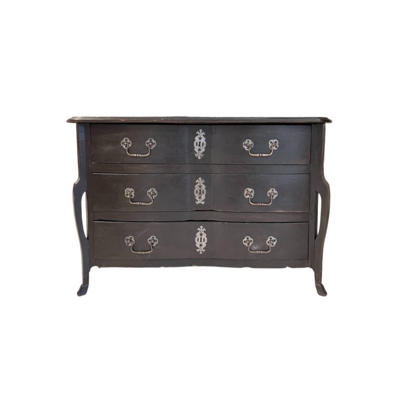 18th Century French Black Antique Chest w/Hoof Feet and Silver Hardware