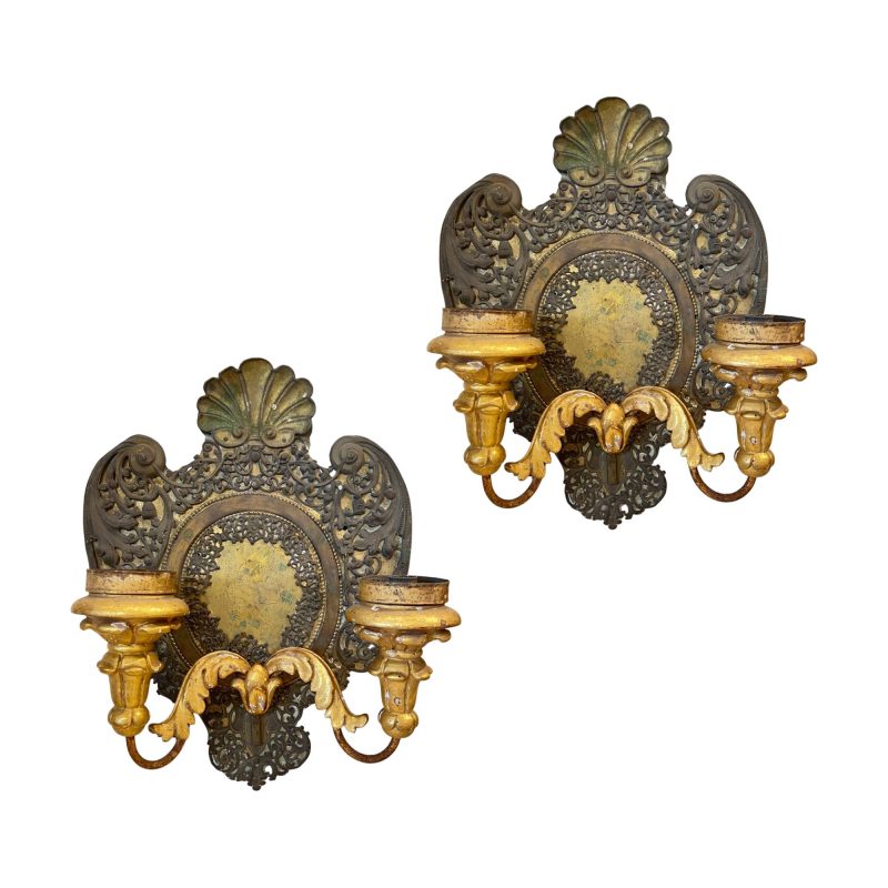 19th Century Italian Pair of Tole & Gilded Wood Sconces
