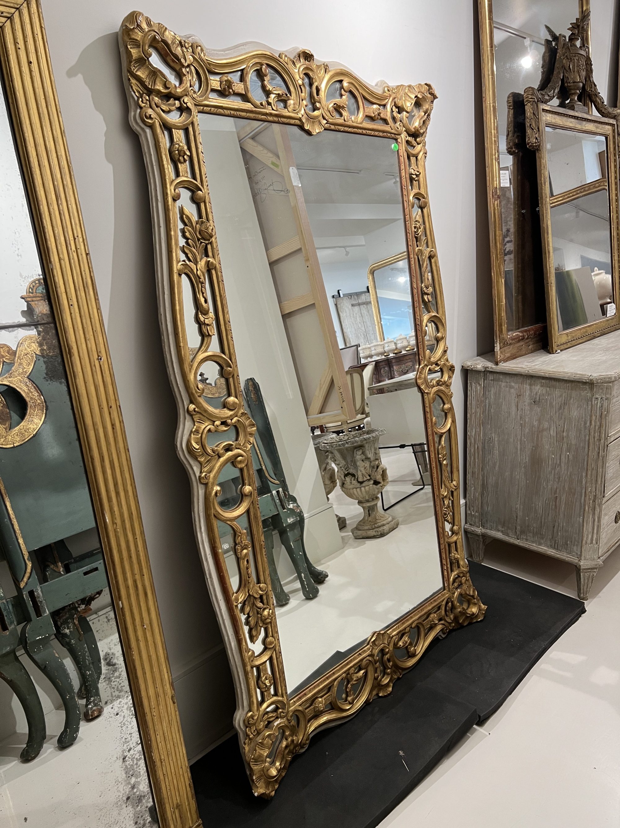 19th Century Large Louis XV Style Gilded Antique Floor Mirror - Image 3